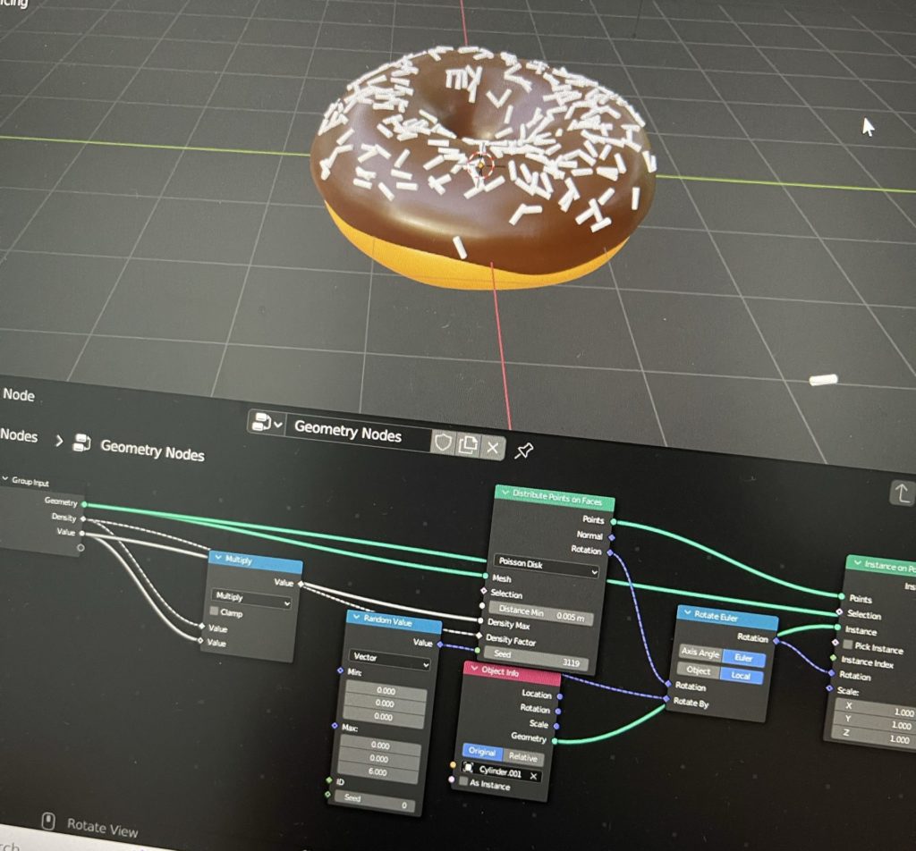 Chocolate donut with white sprinkles, made in the software Blender